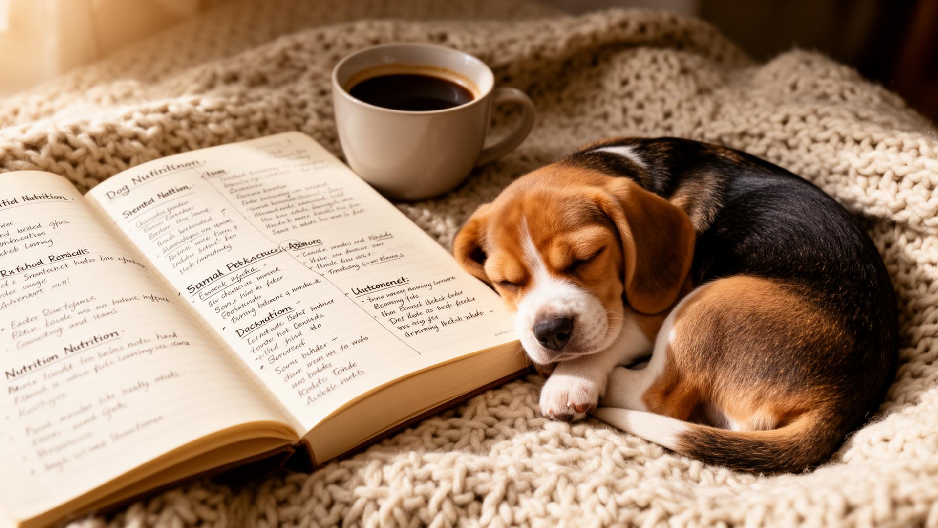 Open notebook with dog nutrition notes and a sleeping beagle puppy on a knit blanket