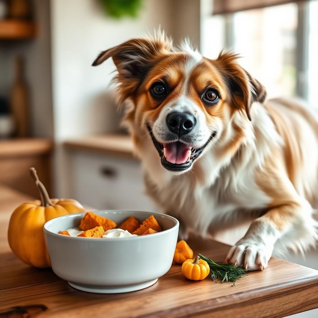Healthy dog eating a bowl of plain yogurt and pumpkin on a wooden kitchen counter