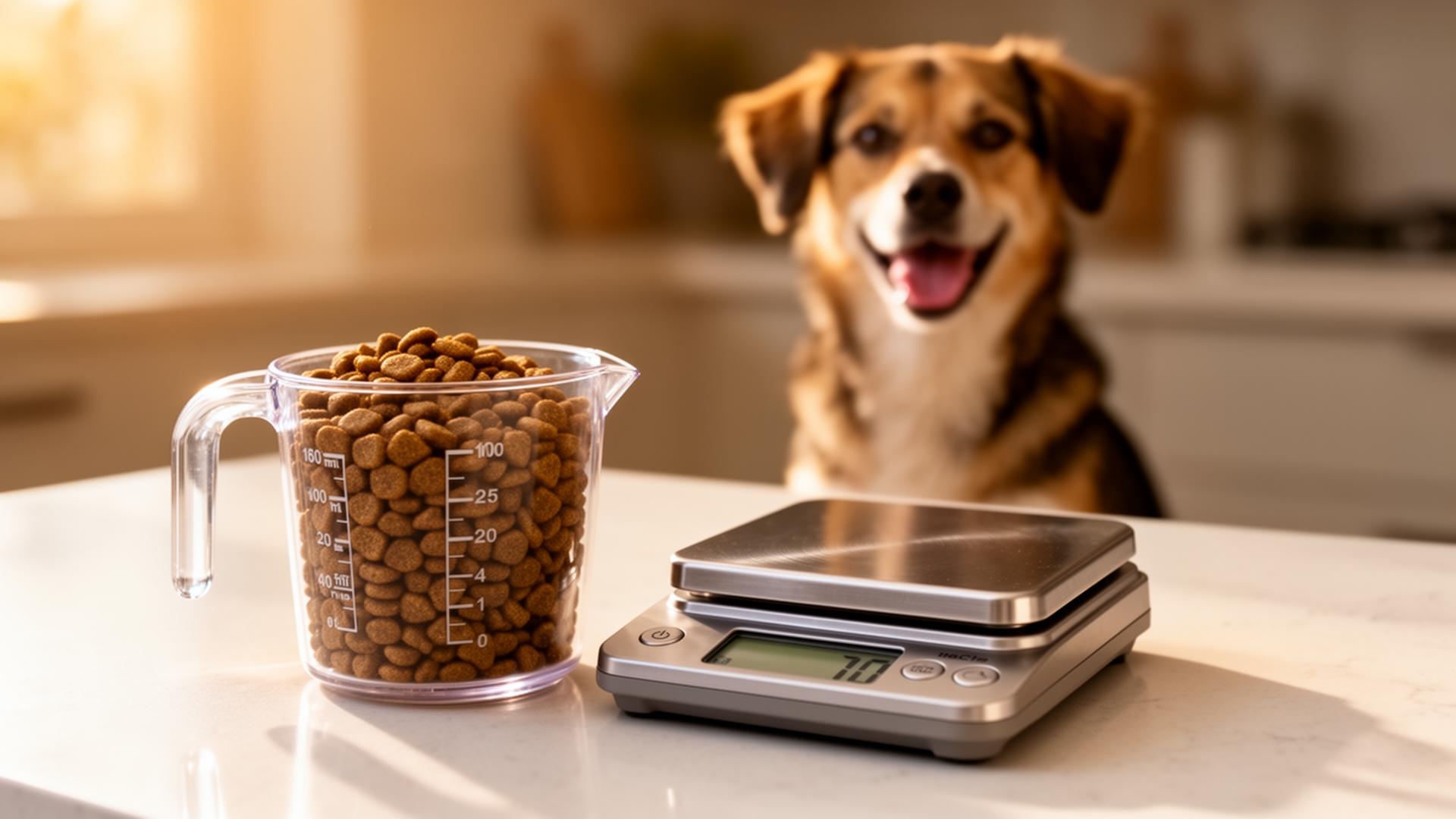 Measuring cup of dry kibble next to a kitchen scale with a happy dog watching