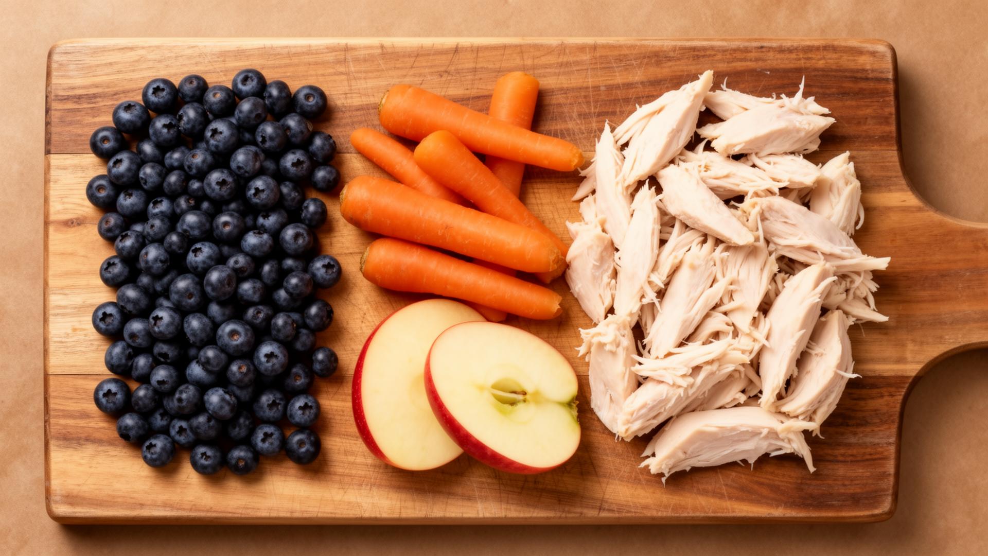 Cutting board with dog-safe foods: blueberries, baby carrots, apple slices and cooked chicken