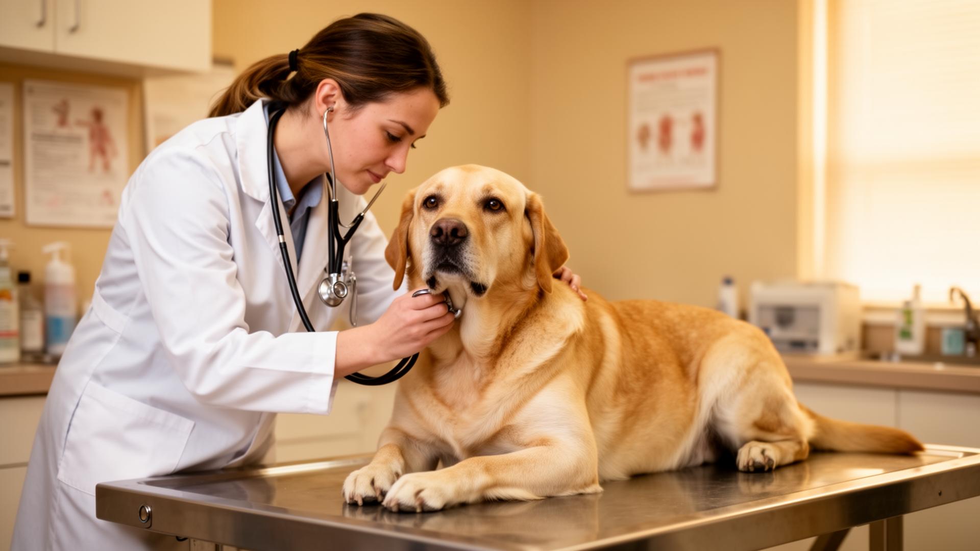 Veterinarian gently examining a calm Labrador on an exam table
