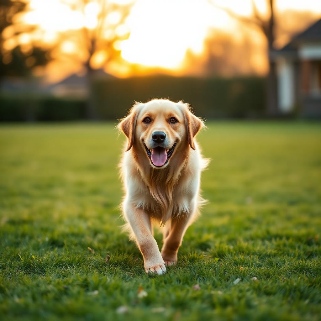 Senior golden retriever walking on a green lawn at golden hour